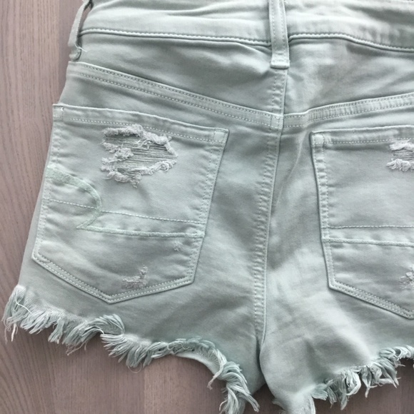 American Eagle Dusty Mint Pastel Mid / High Rise Distressed Stretchy Shorts - Picture 5 of 7